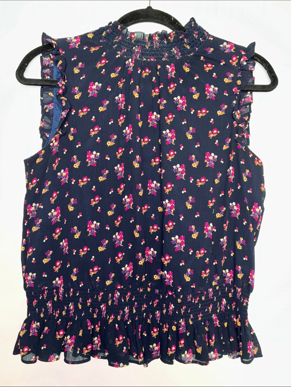J. Crew Navy Floral Ruffle Mock Neck Tank